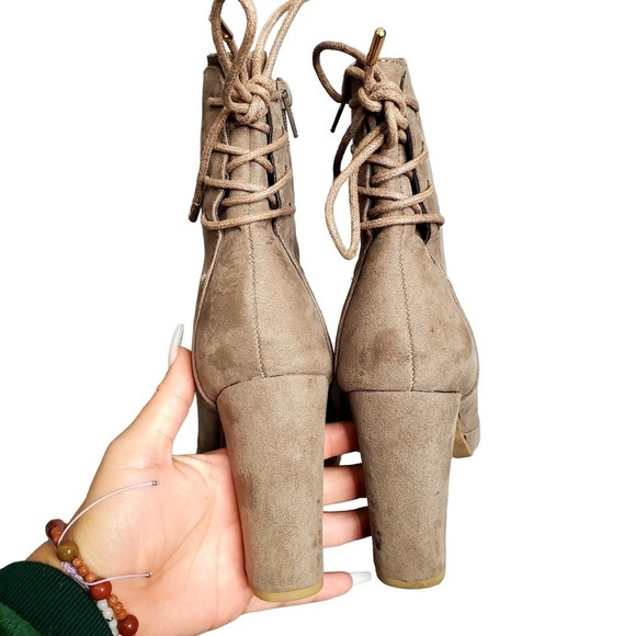Bamboo Tan Suede Lace Up Platform Booties - Picture 2 of 5